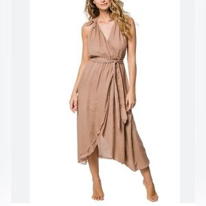 Mirth Amagansett Cotton Faux Wrap Midi Dress Women Size S/M Tan Quiet Luxury